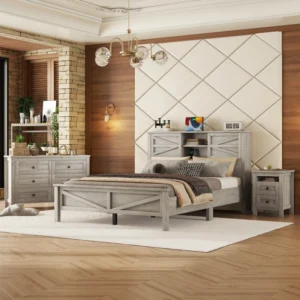 3-Pieces Bedroom Sets Full/ Queen Size Farmhouse Platform Bed