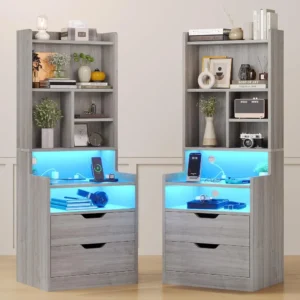 Set of 2,Night Stand with Charging Station and LED Lights, Tall Bedside Table with Bookshelf